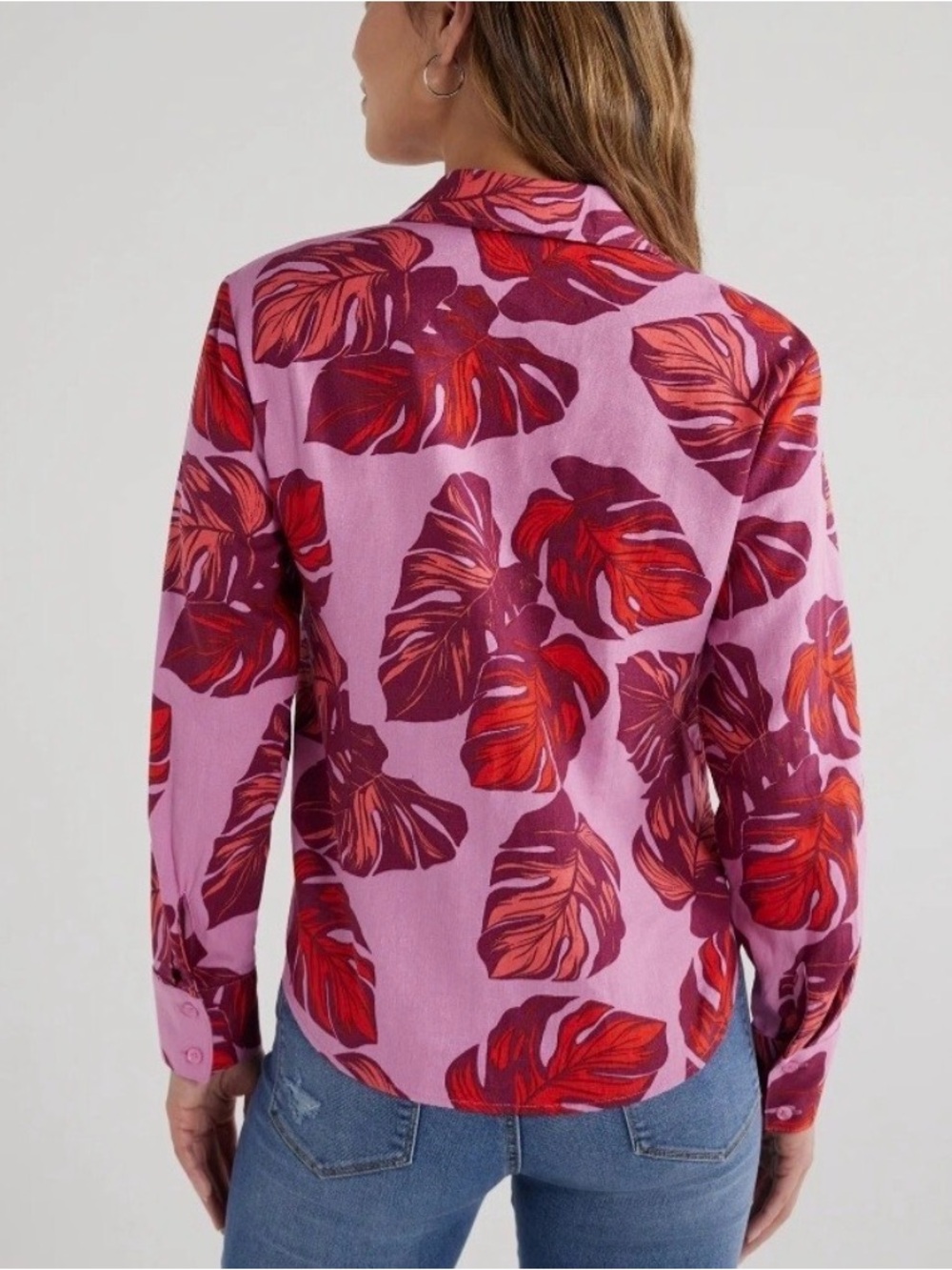 sofia by sofia vergara Pink and Red Tropical Tie-Front Button Shirt - Picture 2 of 7